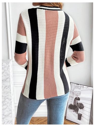 Image of OYOANGLE Women's Color Block Striped Crochet Knit Long Sleeve Sweater V Neck Pullover Knitted Tops