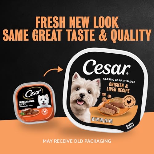 Image of Cesar Classic Loaf in Sauce Wet Dog Food, Chicken & Liver, 3.5 oz, 24 Count | Made in USA, Real chicken #1 ingredient, no fillers /added sugar /artificial flavors, use as meal or topper, easy peel trays