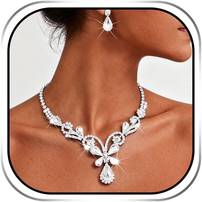 Sixexey Bridal Rhinestone Jewelry Sets Silver Wedding Necklace Earrings Sparkly Prom Costume Neck Jewelry for Women