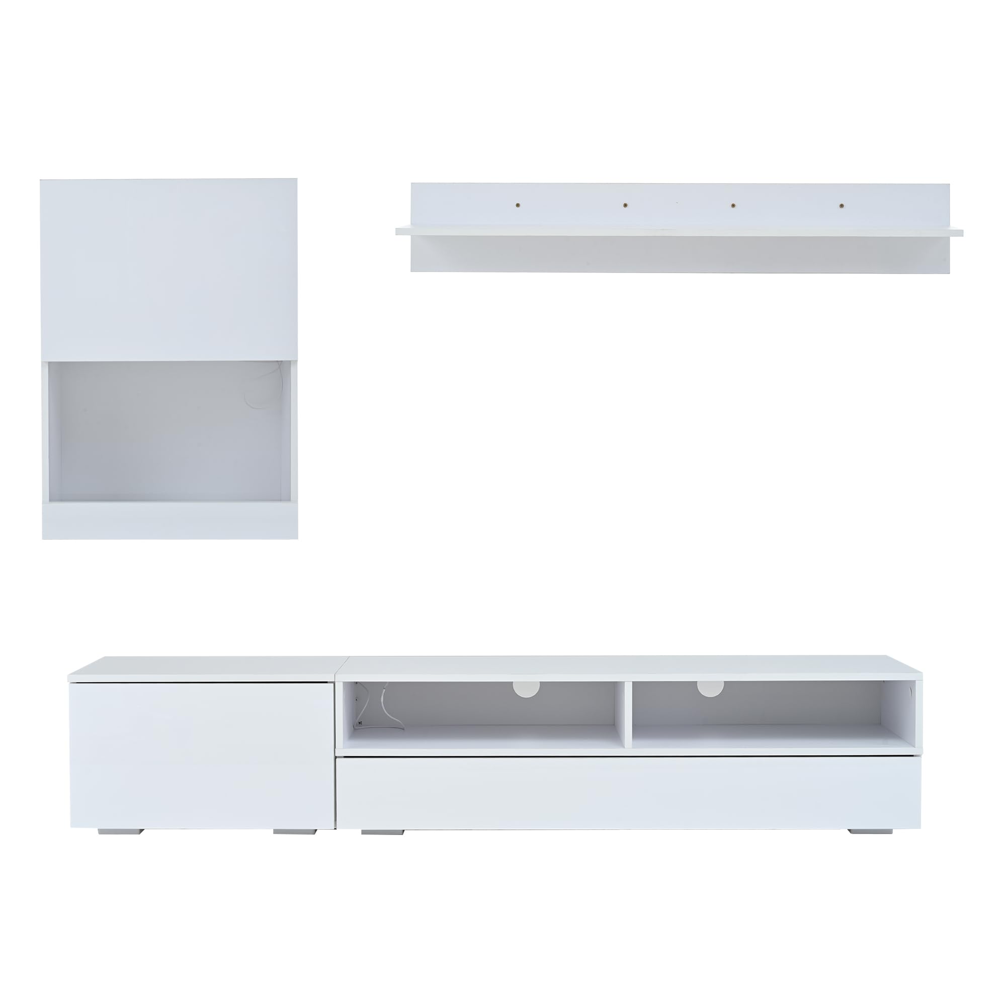 Mueble de salón, mueble de TV, juego de muebles de salón (juego completo, 3 unidades), mueble TV (vitrina, LED, alto brillo), estantería de pie o de pared (de pie o colgante), para TV de