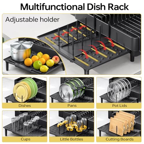 Image of Urackify Dish Drying Rack for Kitchen Counter, 304 Stainless Steel Dish Rack, Expandable Dish Drainer, Foldable Dish Strainer with Cutlery Holder, Kitchen Plate Rack (Black, Large Size)