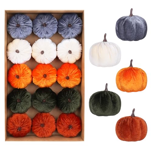 Image of Super Holiday 15PCS Fall Artificial Velvet Pumpkins Decor, 5 Colors Foam Faux Fall Pumpkins Decorations, for Home Autumn Harvest Halloween Thanksgiving Party Table Centerpiece Decor.