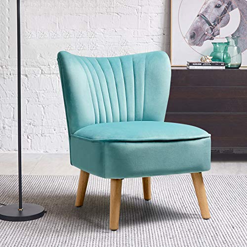 KOTEK Velvet Accent Chair, Modern Armless Accent Chair w/Solid Rubber Wood Legs, Upholstered Side Chair Club Sofa Chair Slipper Chair for Living Room Bedroom (Turquoise) - Image 8