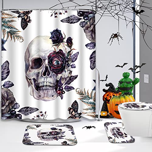 ArtSocket Halloween Bathroom Set with Shower Curtain and Rugs Accessories, Watercolor Painting of Skull Shower Curtain Set, Black Rose Flower Shower Curtain for Bathroom Vintage Bathroom Decor 4 Pcs