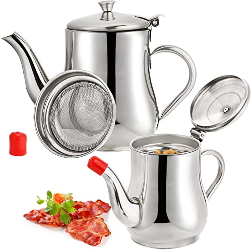 ZOOFOX 2 Pack Bacon Grease Container with Mesh Strainer, 27oz 22oz Stainless Steel Oil Storage Pot for Storing Frying Oil and Cooking Grease