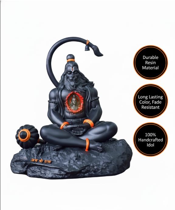 Image of POOMEE Resin Hanuman Idol Lord Hanuman Statue Black Resin Hanuman Murti for Home Mandir Pooja Room Decorative Spiritual Figurine Small 10cm Handcrafted Ram Bhakt Hanuman Gift Item