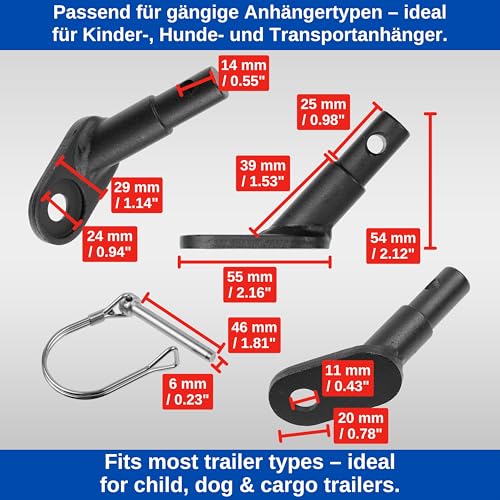 Fahrradanhänger Kupplung, 1 Set, Schwarz, mit Sicherheitssplint, kompatibel mit u.a. Qeridoo, Trixie, Prophete, Fahrradkupplung Anhänger, Adapter hinten Deichsel Hinterrad, Fahrrad Anhängerkupplung