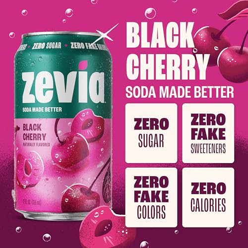 Image of Zevia Zero Sugar Soda, Black Cherry, 12 oz Cans (24-Pack) - Naturally Sweetened, Non-GMO Project Verified, Gluten-Free, Vegan