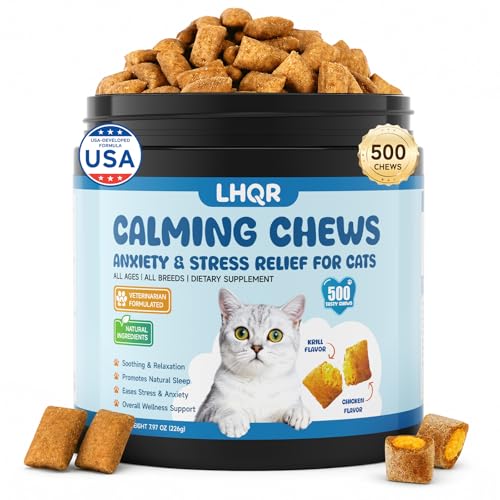 500 Calming Chews for Cats Helps Reduce Stress with Melatonin Relaxation for Travel Boarding Separation Grooming Anxiety -with Ashwagandha Organic Chamomile L-Theanine & L-Tryptophan Chicken