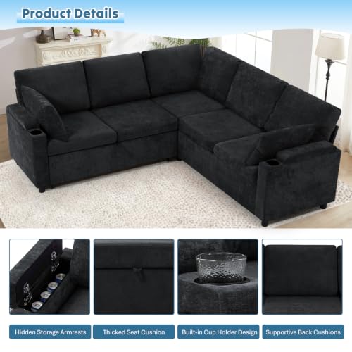 Image of 85 inch Chenille Sectional Sofa w /Pull Out Bed & Storage Space, Brown