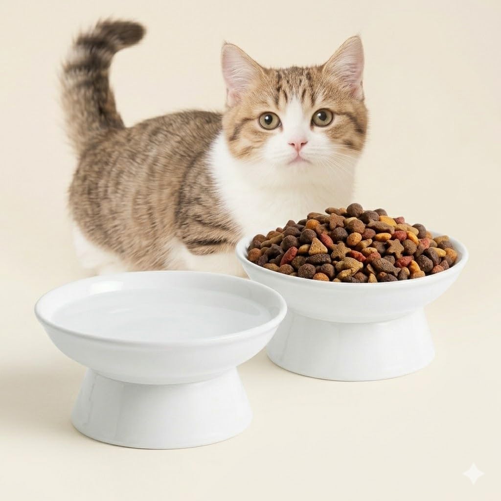 YULL Raised Ceramic Cat Bowls, 6" Wide 3.4" Tall Elevated White Cat Food and Water Dish, Shallow Wide Bowl for Whisker Fatigue Relief (2 Pack)