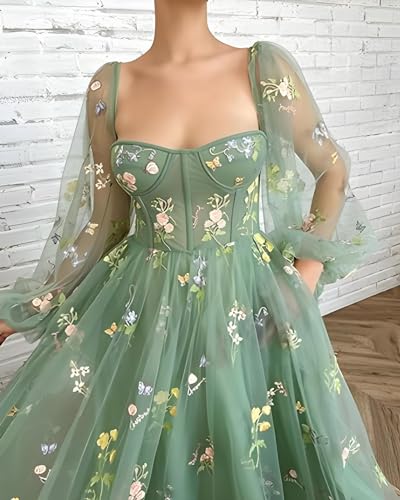 Image of Women's Puffy Sleeve Prom Dresses Fair Flower Embroidery Tulle Green Formal Evening Party Gowns