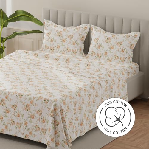 Image of Layers 100% Cotton Bedsheet for King Size Bed | Lumina Floret Collection | 144 TC Soft & Breathable | Printed with 2 Pillow Covers | Wrinkle Free & Colorfast | 3 Piece Bedding Set - Orange & White