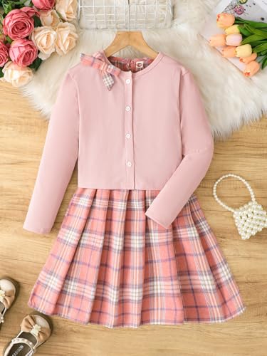 Image of PureChapter Girls' Preppy Clothes Plaid Vest Dress Cardigan Jacket Belt Cute Kids Clothes 7-14Y Green