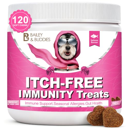 Bailey & buddies ITCH-FREE Allergy Relief Chews for Dog - 120 Soft Chews with Omega-3 and Probiotics - Soothe Itchy Skin Paws Ears -Seasonal Allergy Support for Scratching Itching and Hot Spots