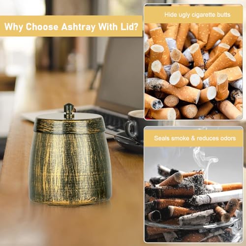 Image of HASTHIP Ashtray for Cigarette with Lid, Vintage Windproof Metal Ash Tray for Car, Office, Living Room, Outdoor, Indoor, Fancy Gift for Smokers