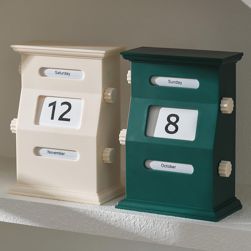 Vintage Desktop Perpetual Calendar, Rotating Month Week Day Date Display for Home Office,Retro Style, Reusable High-end Home Ornaments Travel Record, 6.1 x 4.3 x 2.6 Inches(Retro Green Perpetual Calendar)