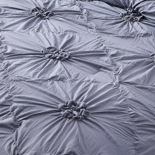 Image of Grey Comforter Set King Size Bed in A Bag 7 Piece Pinch Pleat Bedding Set,Pintuck Ruched Flowers Bed Set with Comforter, Sheets, Pillowcases & Shams