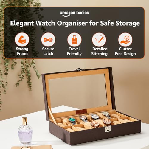 Image of amazon basics Unisex Faux Leather Watch Organiser Box with 12 Slots |Watch Organiser with Transparent Lid |20.5D X 33.5W X 8H cm | Brown