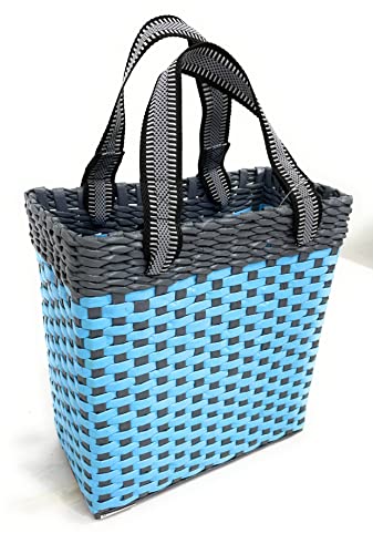 Image of Paperus, Small, Sky Blue & Grey, Carry Bag, Handbag, Tiffin Basket, Lunch Bag for Office, Rectangular, Eco-Friendly, Handmade of Paper Ropes, in Inch 11 H, 10 L, 5 Wide Base, 10 Liter