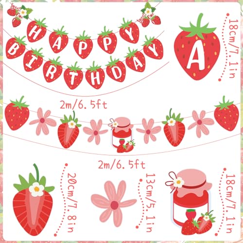 Image of SUNBEAUTY Strawberry Happy Birthday Banner, Berry Sweet Red Fruit Party Hanging Banner, Strawberry Birthday Decorations for Girls 1st Birthday Baby Shower Party Decoration | Pre-Strung