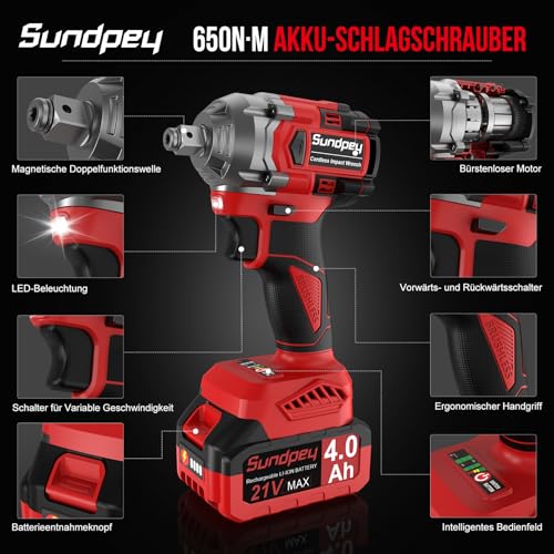 Sundpey Akku Schlagschrauber 650Nm, 21V Bürstenloser Schlagschrauber mit 2 * 4000mAh Akkus, 2-in-1 Impact Wrench für Haus und Auto mit 6 Steckdosen & 9 Bohrer & Ladegerät & Verlängerungsstange