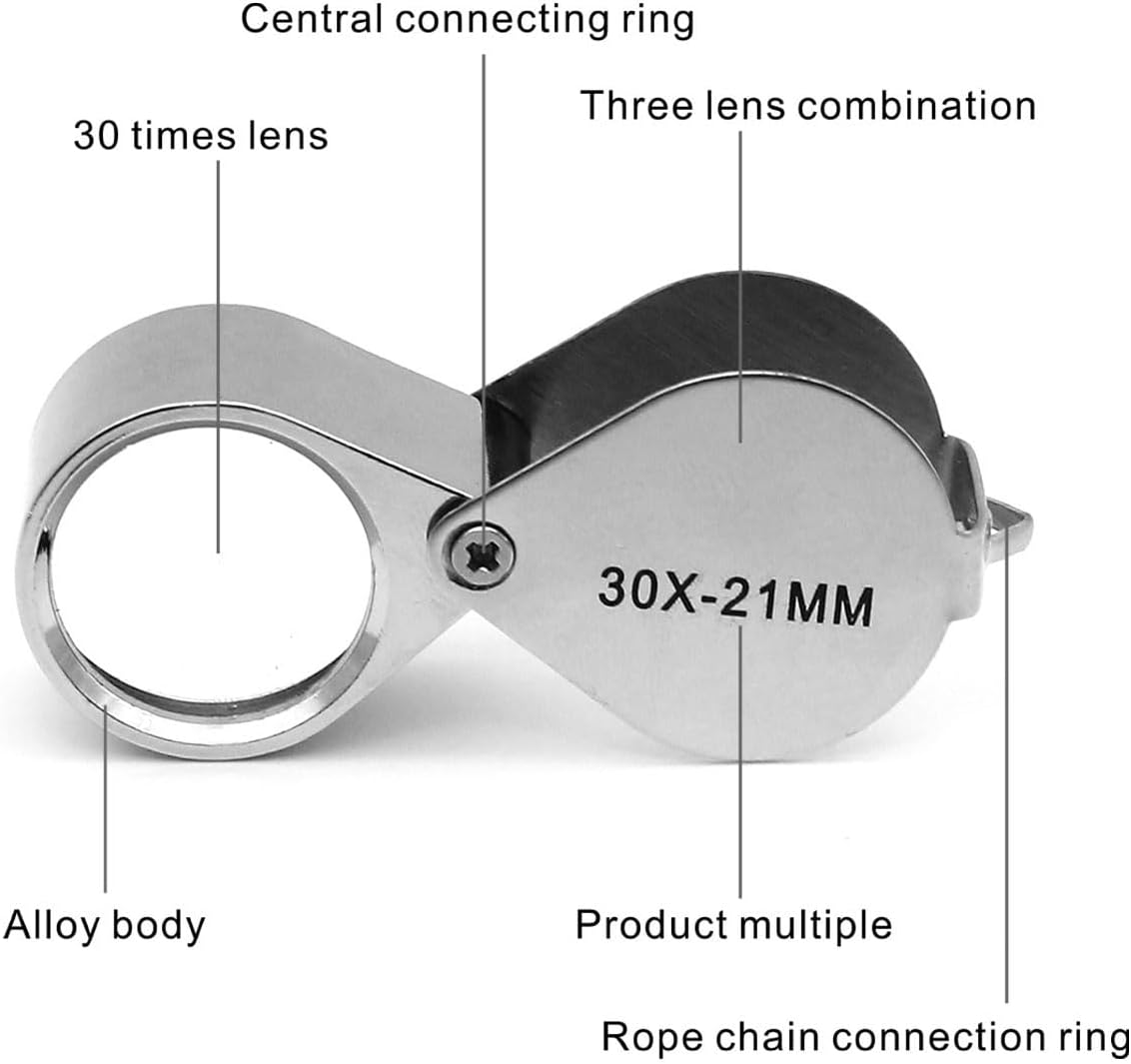 QiCheng&LYS Jeweler Pocket Loupe Magnifier, 30X Glass Lens Magnifying Glass for Jewelry, Coins, Stamps,Antiques and More (Silver)…