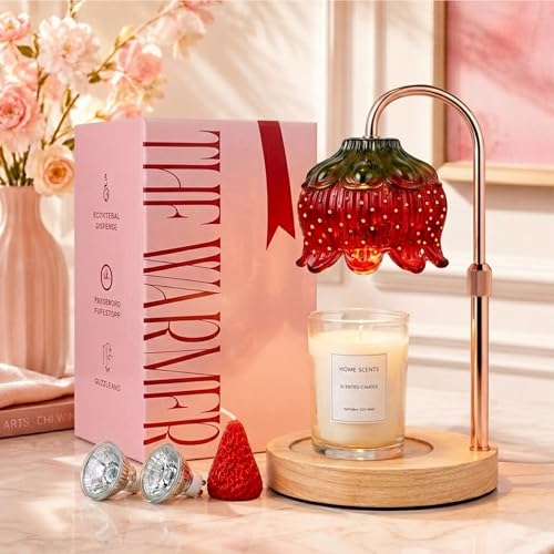 Yoss Strawberry Candle Warmer Lamp with Timer - Adjustable Height with Dimmable Warmer Lamp with Two Bulbs for All Candle Jars - Cute Strawberry Decor Gifts for Birthday Valentine Day for Women