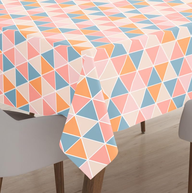 Image of Encasa XO Printed Table Cloth 8 ft for 6 to 8 Seater Dining Table, 100% Silky Polyester, Machine Wash to Remove Food Stains, Non-Fading, Non-Shrinking, Cheap & Durable - Big Triangles Apricot