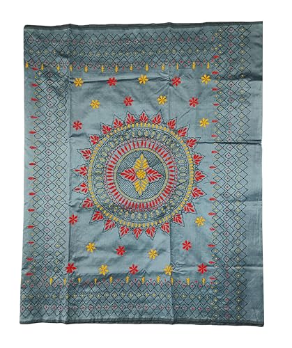 Image of SHRISTI CLOTHINGS Women's Hand Embroidered Cotton Silk Kantha Stitch Saree with Blouse Piece (SB4200924 GREYD47)