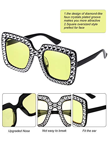 Frienda 6 Pairs Crystal Oversized Square Sunglasses Diamond Glitter Retro Thick Frame Sunglasses3