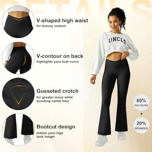 FireSwan Women's Flare Yoga Pants V Waist Flared Leggings High Waisted Bootcut Workout Pants Tummy Control(Black M)