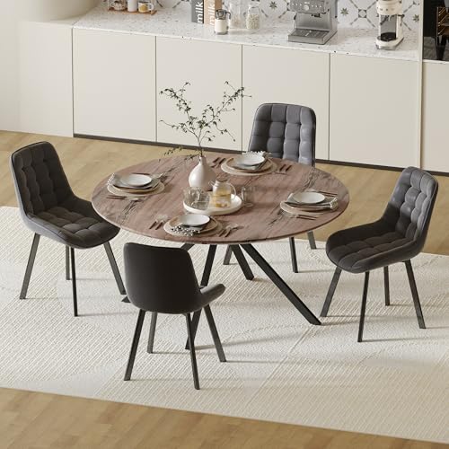 ROCSUMOO Round Dining Table and Chairs Set for 4, 47.3” Farmhouse Kitchen Table, Large Wooden Table with Upholstered Chairs, Gray Flannel Side Chairs, Pedestal Save Space (Light Wood + 4 Chairs)