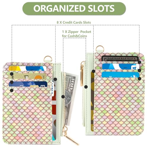 Small Wallet Mermaid RFID Protected Leather Credit Card Holder Slim Wristlet Strap Wallet with Zipper Pocket, Card Organizer for Women Girls(Light Green)2