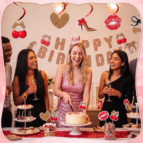 Image of Cheetah Birthday Party Decorations, Pre-Strung Leopard Hanging Banner | Red and Black Cheetah Cherry Banner with Cute Cherries Hanging Swirls for Women Girls Birthday Supplies