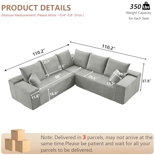 Image of Oversized Modular Sectional Sofa Couch, Large 5 Seater Corner Sofa Modern V Shaped Sectional Couch Cloud Couches for Living Room, Office, Spacious Space, Corduroy, No Assembly Required, Light Grey