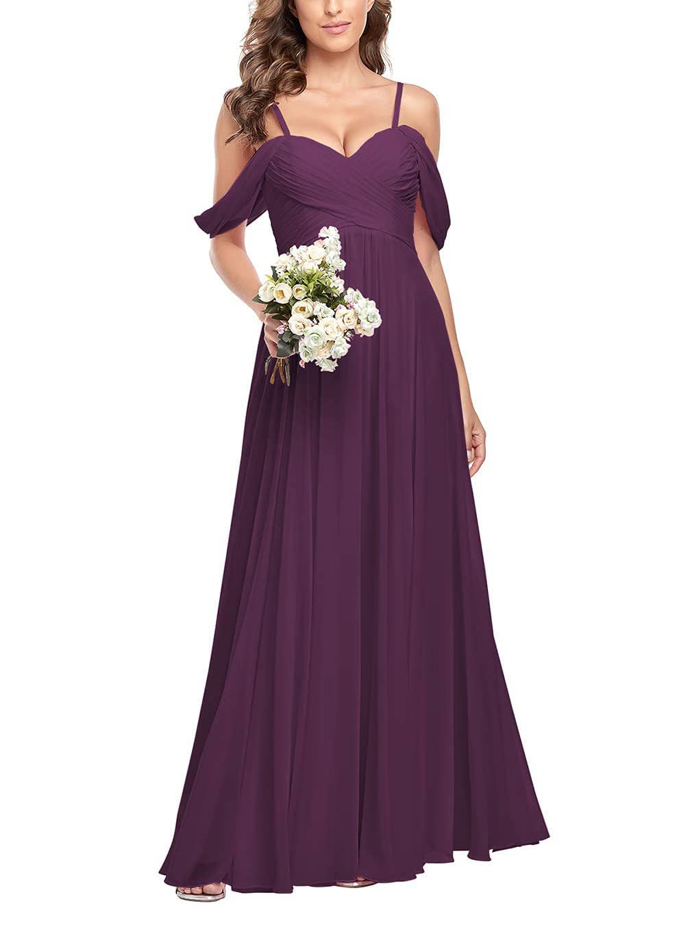 Wseyu Women's Grape Off Shoulder Chiffon Bridesmaid Dresses For Pleated A Line Long Maid Of Honor Gowns