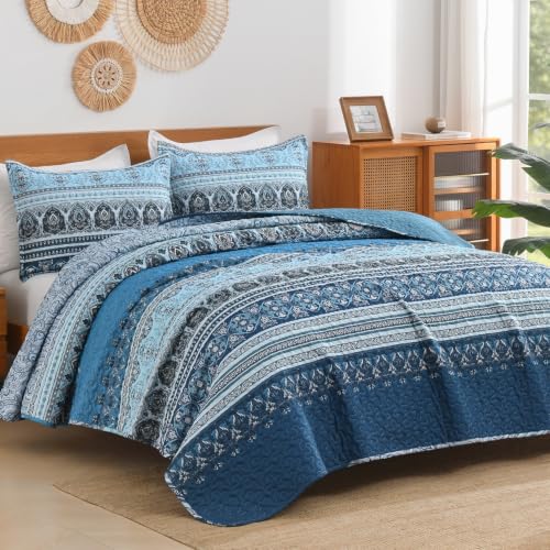 Image of Andency Blue Quilts Queen Size, 3 Pcs Boho Lightweight Striped Bedspread | Soft Blue Printed Bohemian Polyester Reversible Coverlet Comforter Sets for All Season (90 inchx96 inch)