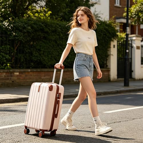 Image of Hardside Luggage Sets, Lightweight Stripes Suitcase with Spinner Wheels, Ivory