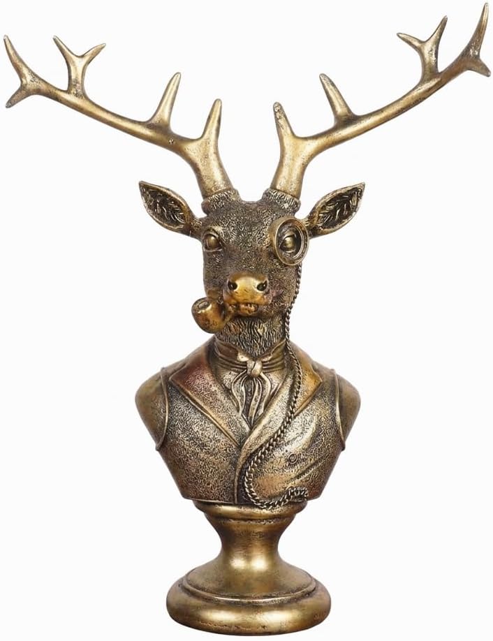 Vintage Gold Resin Stag Bust Statue, Gentleman Stag Figurine with Glasses & Suit, Retro Deer Sculpture, Desktop Ornament for Office Home Living Room Decor, Creative Gift for Animal Lovers