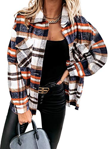 Astylish Womens Long Sleeve Plaid Shirt Button Down CollaBlue Blouse Juniors Cute Tops Blue X-Large