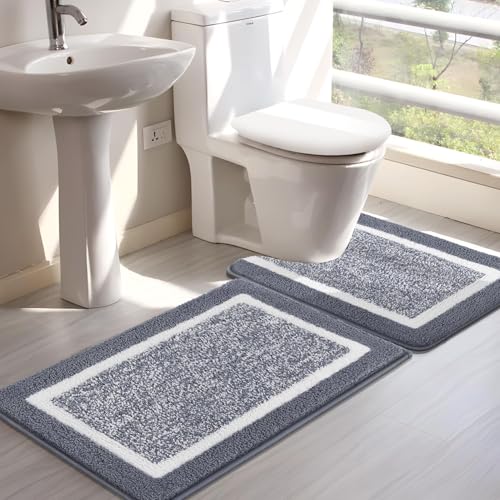 SHACOS Bathroom Rug Mat Set, Microfiber Shaggy Bath Mat, Non-Slip Soft Bathroom Carpet, Super Absorbent Quick Drying, Machine Washable, 2 Piece with U-Shaped Toilet, Grey, 45x65cm+50x60cm