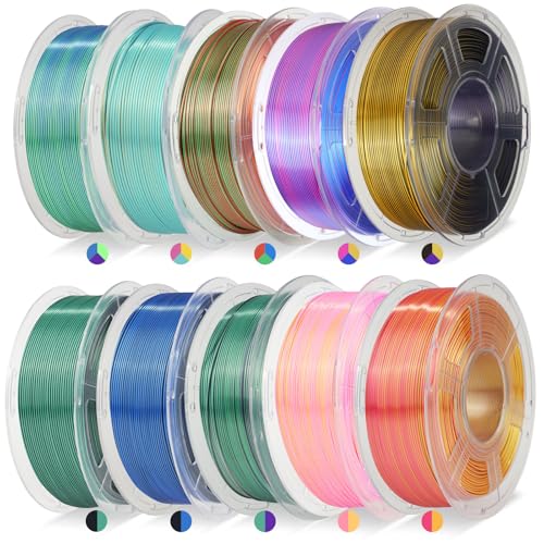 JAYO Silk Dual & Tri Color PLA Filament 1.75mm 10 Pack, Shiny Multicolor 3D Printer Filament Bundle, Blue-Green-Purple, Red-Yellow-Green & More, 1.1kg Spool Each, Compatible with Most FDM Printers