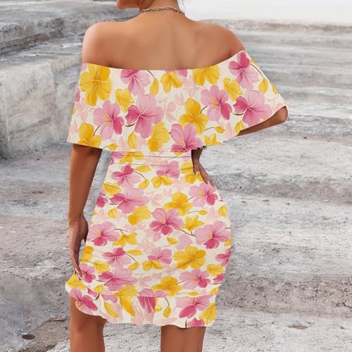 Image of PinkPatty Summer Mini Dress for Women Off Shoulder Ruffled Bodycon Dresses Short Beach Sundress