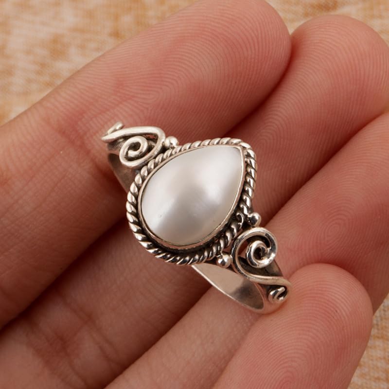 Sterling Silver 9mm Pearl Ring Wide Twisted Vine Simulated Moonstone Rings Antique Boho Ladies Wedding Band Five Rows Ring Vintage Elegant Engagement Wedding Band4