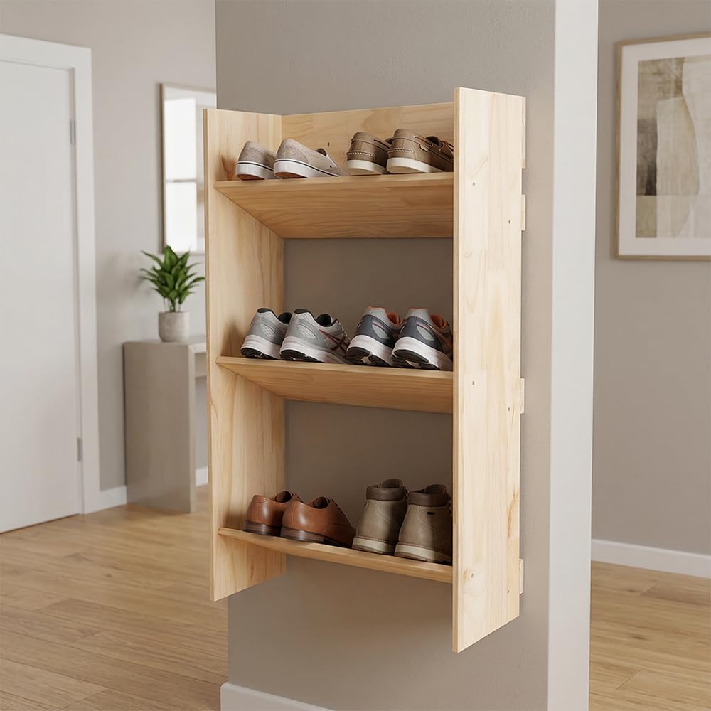 3-Tier Wall Mounted Wooden Shoe Rack, Slanted Floating Hallway Shoe Shelf