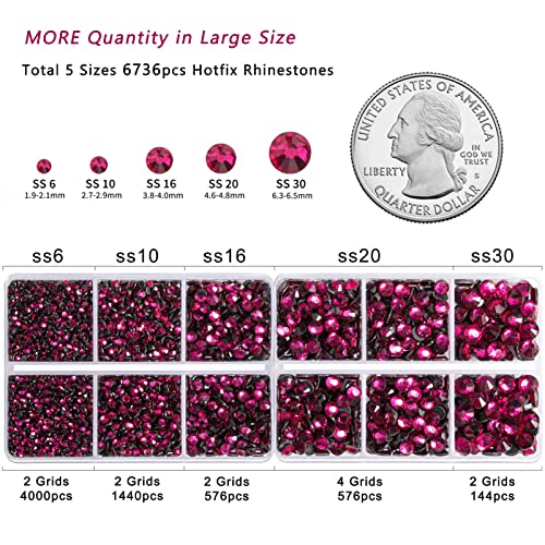 Image of 6736pcs Hotfix Rhinestones Flatback,Hot Pink Rhinestones for Crafts Clothes Mixed 5 Sizes, Hotfix Crystals with Tweezers and Wax Pencil Kit, SS6-SS30,Fuchsia