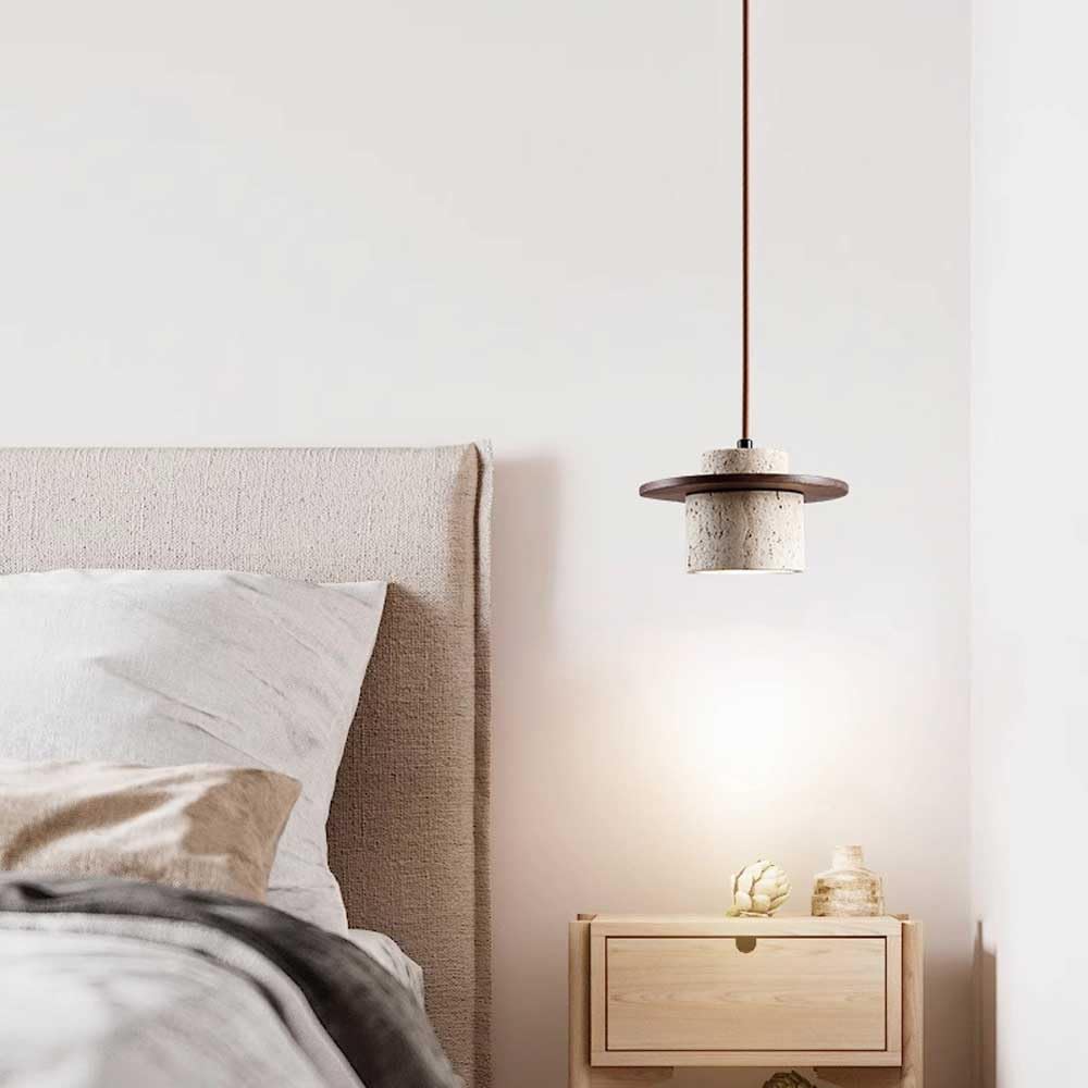 Style japonais moderne travertin suspension Wabi Sabi pierre suspension réglable en bois cuisine îlot luminaire mini cylindre éclairage suspendu pour restaurants, chambre à coucher, lustre E27