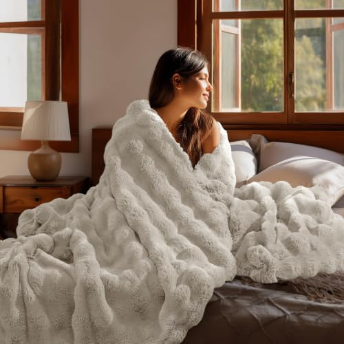 Image of BEDELITE Faux Fur Throw Bubble Blanket for Couch, 60 inch x 80 inch, Linen | 870GSM Soft Cozy Plush Blanket for Sofa & Bed Living Room Decor, Warm Fuzzy Faux Rabbit Fur for Women Gift, All Season Use