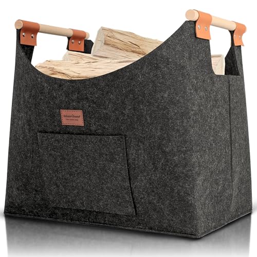 deluxe4home® Holzkorb XXL für Kaminholz 57L I Transport von Brennholz I Extra dicker Filz I Verstärkte Griffe I Brennholzkorb Feuerholzkorb Kaminholzkorb Korb Filzkorb